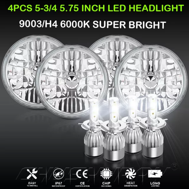 5.75" Inch Round Crystal Diamond Cut LED Chrome Glass Lens Headlights With Bulbs