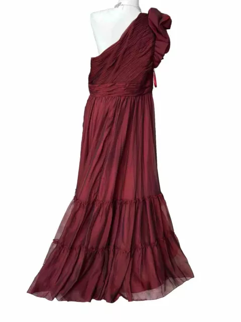 Mac Duggal Womens  14 Ruffled One Shoulder Tiered Chiffon Gown Dress Wine