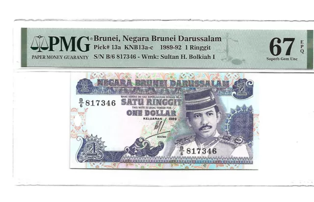 Negara Brunei Darussalam Brunei Pick#13a 1 Ringgit 1989 PMG 67 EPQ