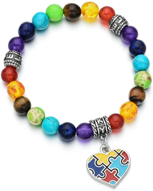 Puzzle Piece Autism Autistic Bracelet 7 Chakra Beads Elastic Jewelry Bracelet