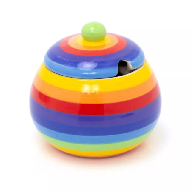Hand Painted Rainbow Striped Ceramic Sugar Bowl With Lid | Striped Sugar Pot