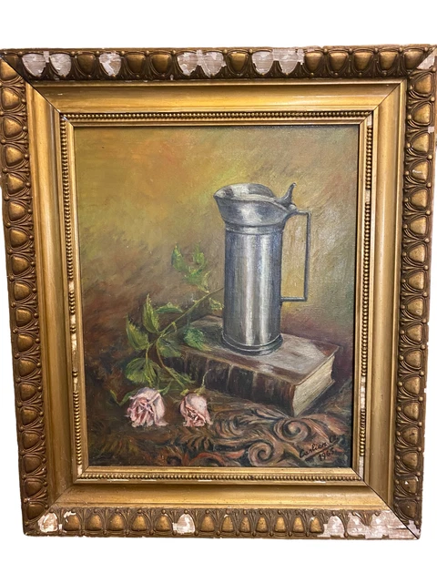 Ancien Tableau Peinture Sur Toile Nature Morte Cadre Bois Signe 1965