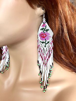 New Women Beaded Handmade Native Inspired White Extra Long Rose Flower Earrings