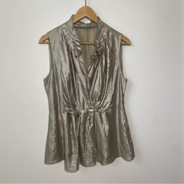 Elie Tahari Womens Silver Sleeveless Ruffle Shannon Blouse Top Size M Silk Blend