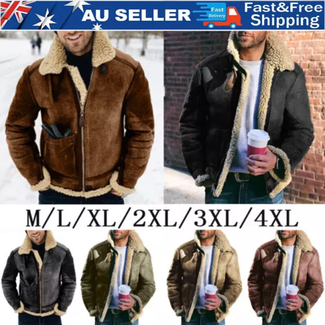 Mens Winter Lapel Coat Fur Lined Fleece Jacket Warm Coat Casual Outwear Tops