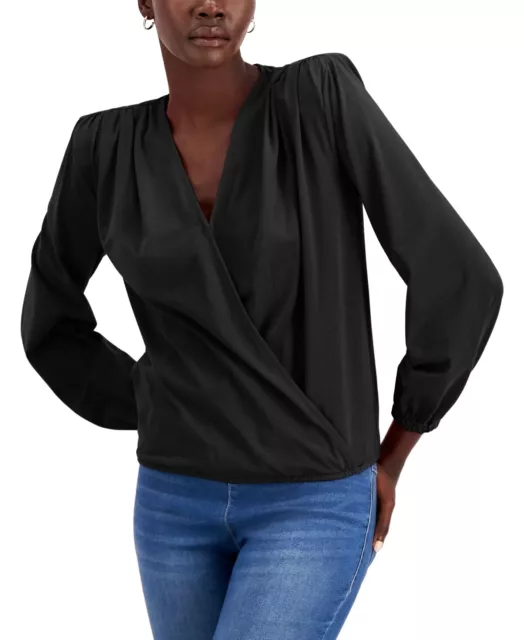 MSRP $50 Inc International Concepts Draped Surplice Top Black Size XS