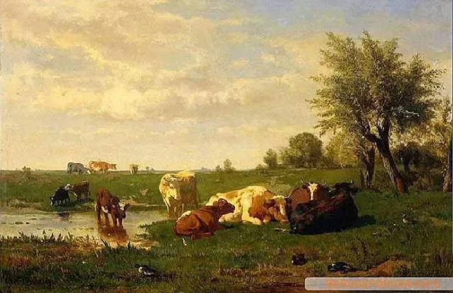 Art Oil painting cows in sunset landscape by the pond hand painted art 36"