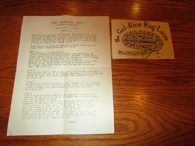 Alfombra vintage The Gal-Rice Lacer, The Trading Post, Hanson, MA, instrucciones