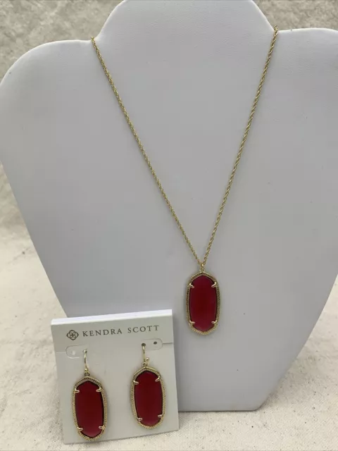 Kendra Scott ELLE Drop Earrings & Necklace Cranberry PINK RED Gold Dusted