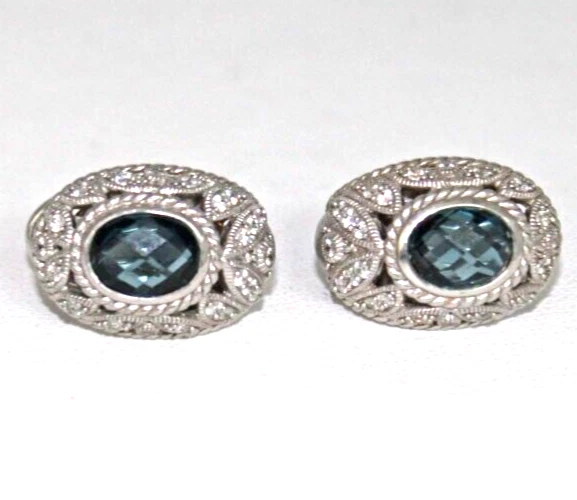 Judith Ripka Sterling Silver Faceted Blue Cubic Zirconia CZ Omega Clasp Earrings