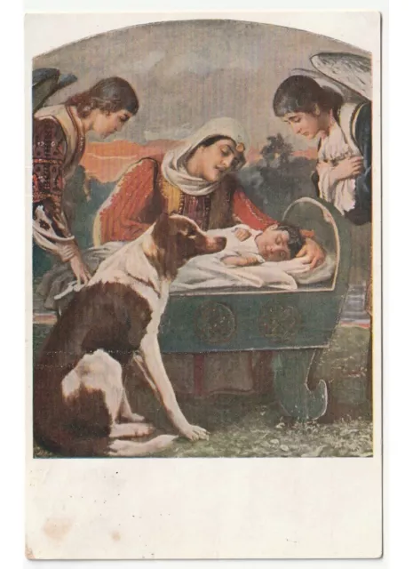1934 cartolina d'epoca natività Gesù Maria angeli cane augurali religiose