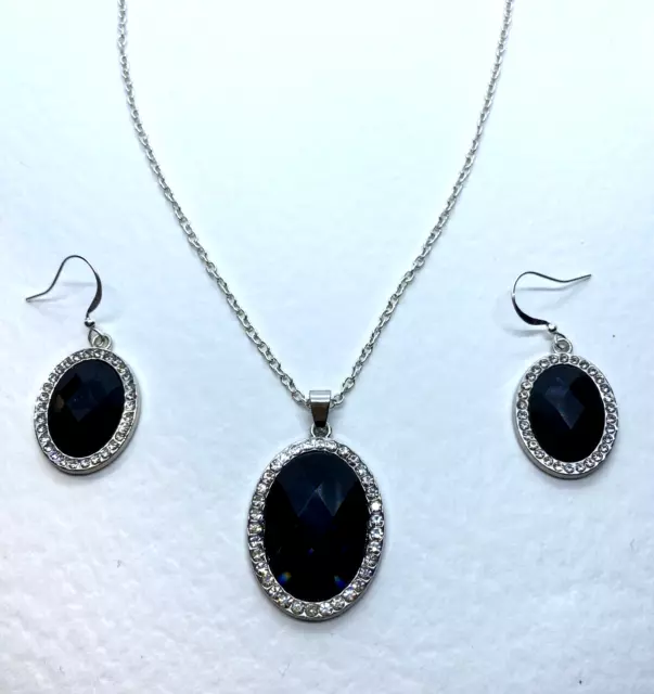 Black Faceted Glass & Diamante Crystal Silver Plated Lg Pendant Necklace Set