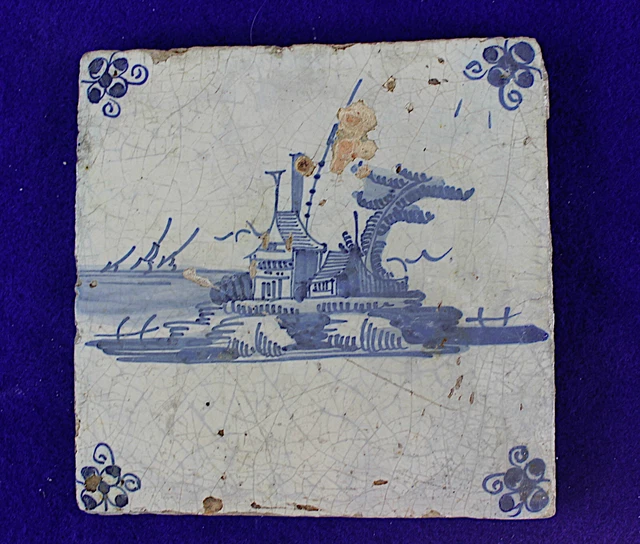 1700s Antique Dutch Delft Blue/White Dutch House Faience Tile #9