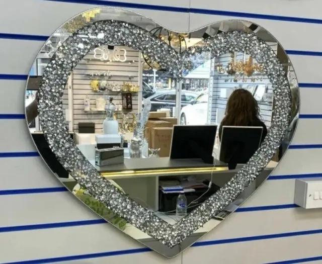 Silver Wall Mirror Gatsby Crushed Diamond Crystal Glass Frame Heart 70x80cm✨