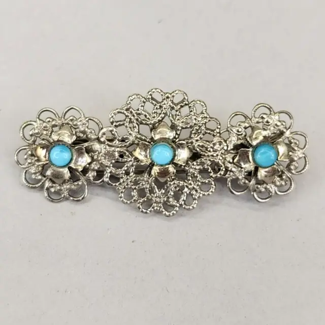 Vintage Hair Clip Vtg Blue Moonglow Bead Silver Tone Filigree Jewelry Pin 2"