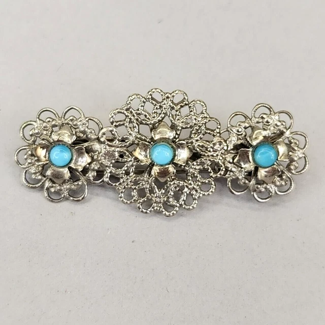 Vintage Hair Clip Vtg Blue Moonglow Bead Silver Tone Filigree Jewelry Pin 2"