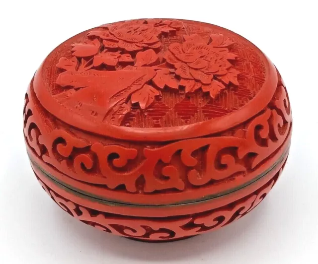 Vintage Carved Asian Cinnabar Trinket Jewelry Box Lacquer Blue Enamel Inside