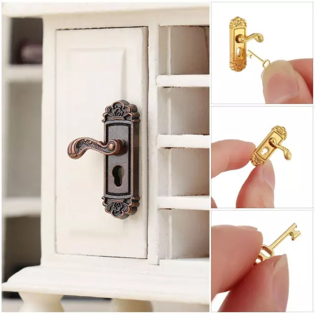 Brass Knobs Dollhouse Lock Key Set Miniature Door Handles Mini Furniture Pull