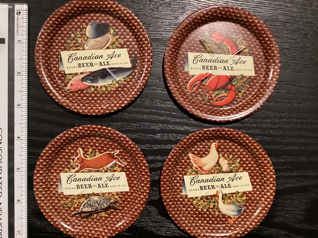 Four Vintage Canadian Ace Beer and Ale Metal Tip Tray , Fish, Lobster, Hare.