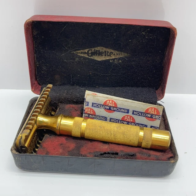 Vintage GILLETTE Gold Tone RAZOR SHAVING SET W/ Blade Case & Box VG !