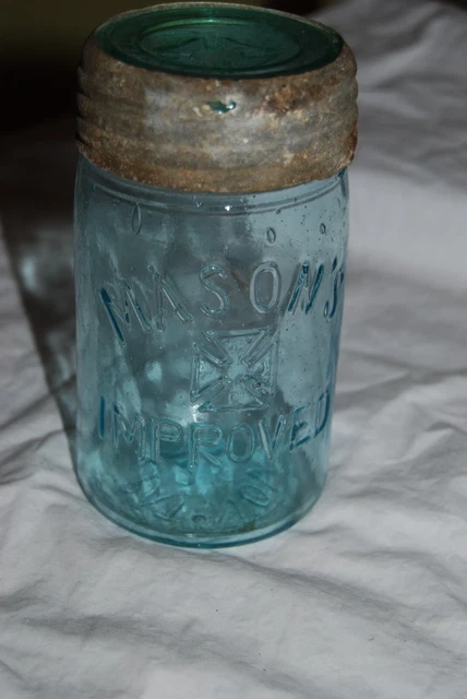 MASON'S IMPROVED with CROSS  aqua pint mason jar