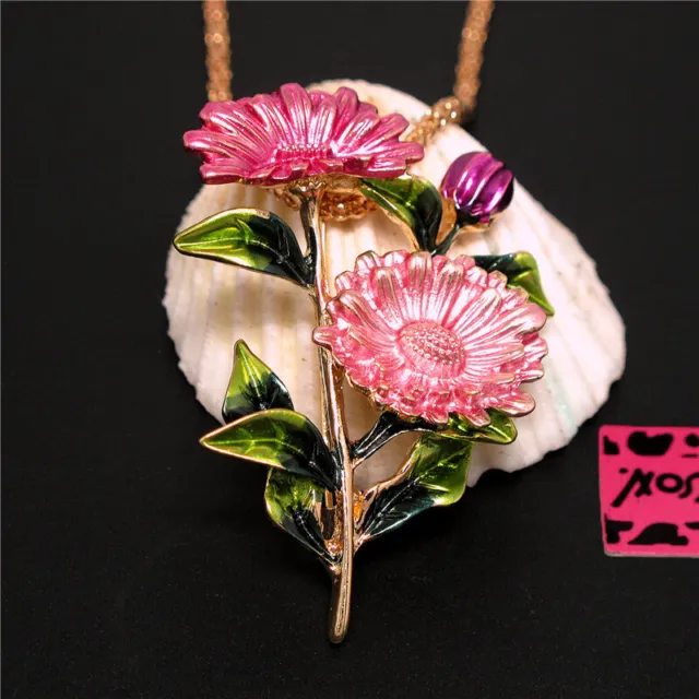 New Fashion Women Pink Enamel Flower Crystal Pendant Sweater Chain Necklace