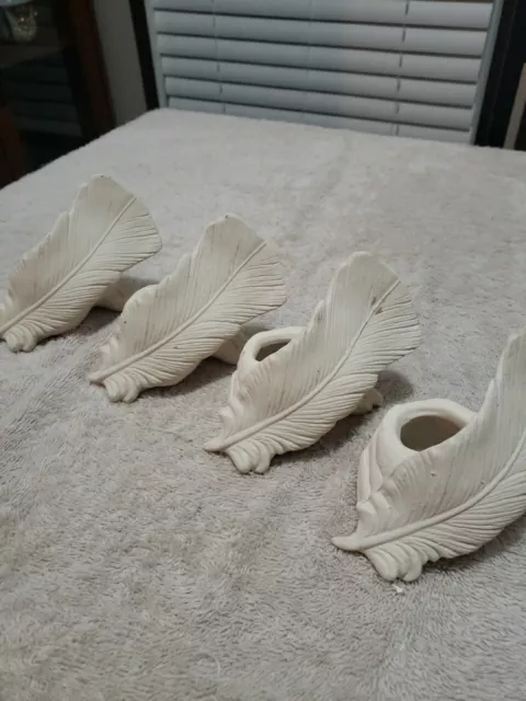 Bisque Feathers Candlestick Holders 3.5" , Unpainted Ready To Paint, Set Of 4, 3