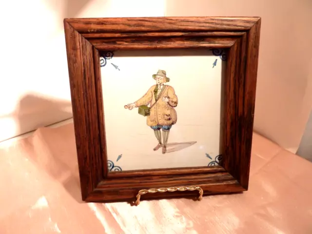 A Lovely Antique Framed Delft Polychrome Tile - Makkum Holland Farmer