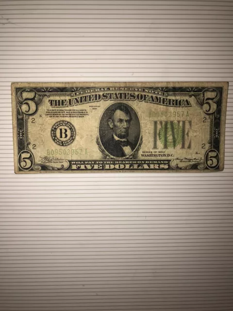 1934 Series D $5 -New York, LGS (Light Green Seal) Circulated - Nice
