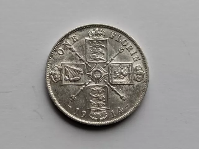 1914 Great Britain George V  Florin Silver Coin Good Lustre