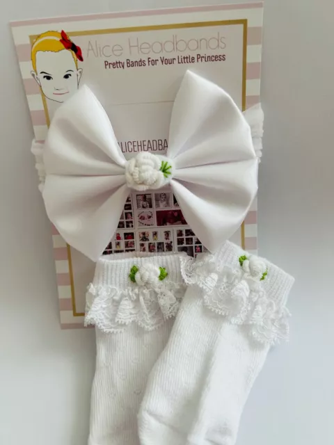 White Satin Bow With Matching Sock Embroidery Flower Set Newborn Girl Soft Band