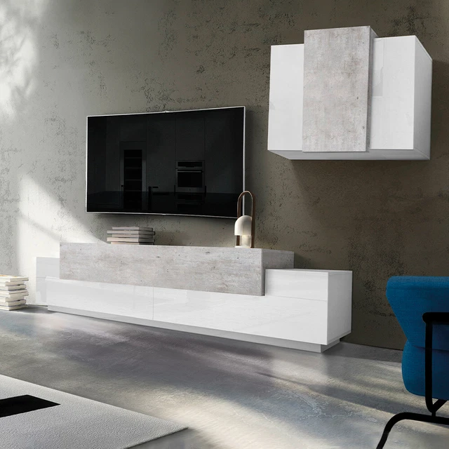 Vetrina 80x120,5h cm con 3 ante in legno bianco lucido e grigio cemento