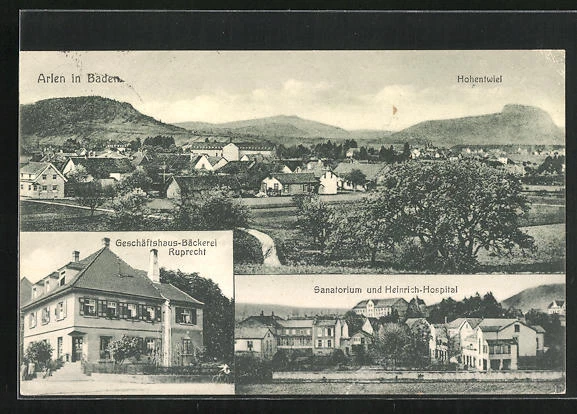 AK Arlen / Baden, Geschäftshaus-Bäckerei Ruprecht, Sanatorium und Heinrich-Hosp