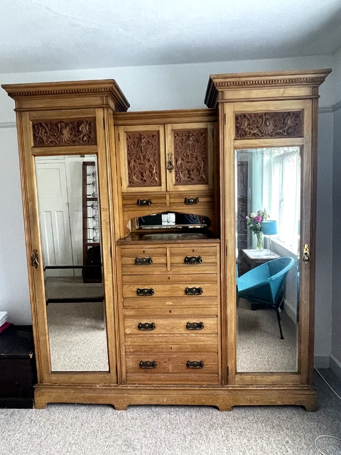 Edwardian Antique Mahogany Triple Compactum Wardrobe Mirror Doors With Drawers