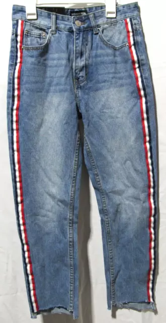 Nasty Gal Momokrom Mom Jeans Side Stripe Raw Hem High Rise Women's 26w UK 8