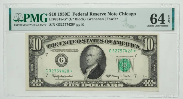 1950 E Series $10 Ten Dollar FRN Fr #2015-G* Granahan/Fowler PMG Graded 64 EPQ