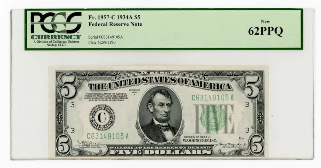 1934 A $5 Federal Reserve Note PCGS 62 PPQ Fr# 1957-C New