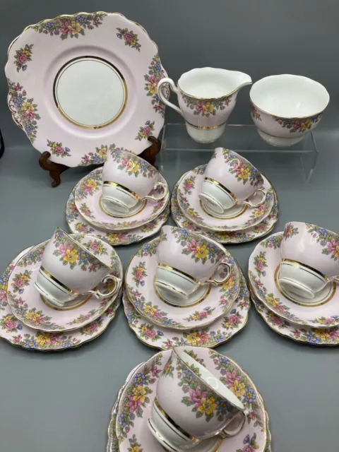 1940's Colclough Bone China Pink & Floral 21 Piece Tea Set, Harlequin Floral