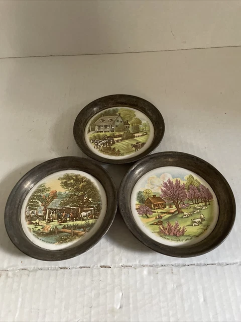 Vintage Sheridan Silver Plated Currier & Ives - Set Of 3 Homestead Coasters