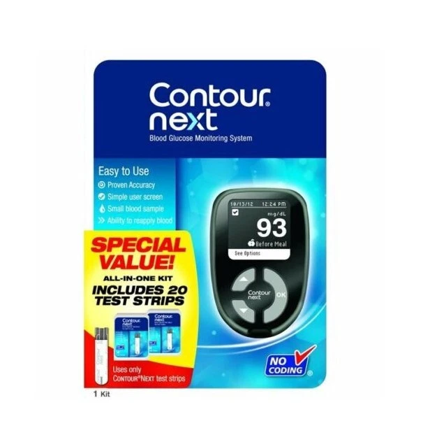 Sistema de monitoreo de glucosa en sangre Contour Next•20 tiras reactivas•Expiración 31/12/2023
