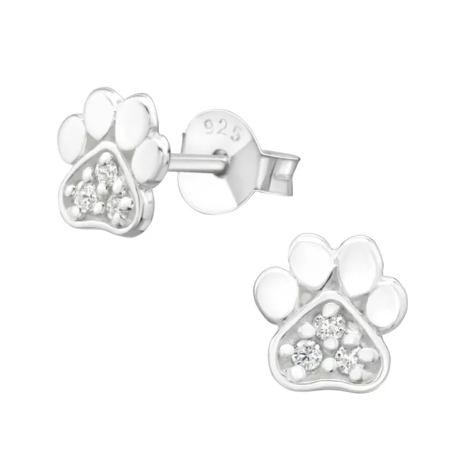 925 Sterling Silver Paw Print with Crystal Cubic Zirconia Stud Earrings