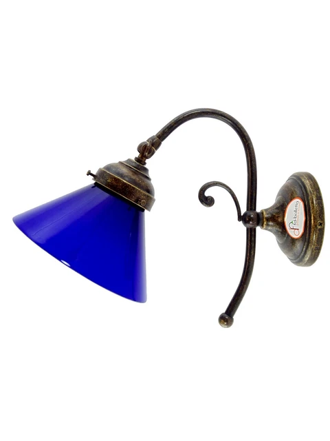Applique ottone brunito,lampada illuminazione parete vetro ministeriale blu ar42