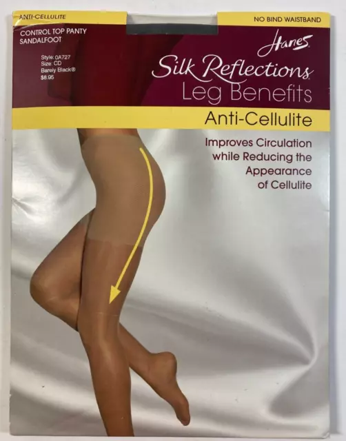 Hanes Silk Reflections Barely Black Leg Benefits Anti-Cellulite Pantyhose Sz CD