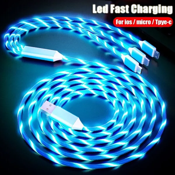 LED Light Up Flowing Glowing Fast Charging Phone Charger Cable Cord Type-C IOS