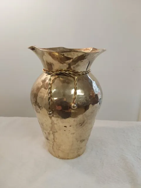 Vintage Large 8'' Hammered Finish  Brass Vase With Brass Rope Tassel India