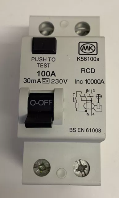 MK K56100s 100 Amp RCD Double Pole 30mA 230V Type A RCCB Sentry Brand New