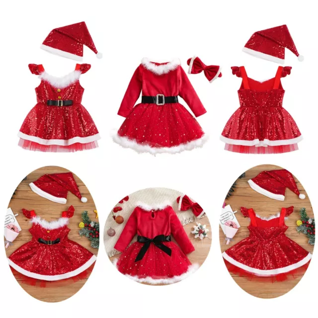 Kids Girls Christmas Santa Claus Costume Princess Tutu Velvet Dress Xmas Outfits