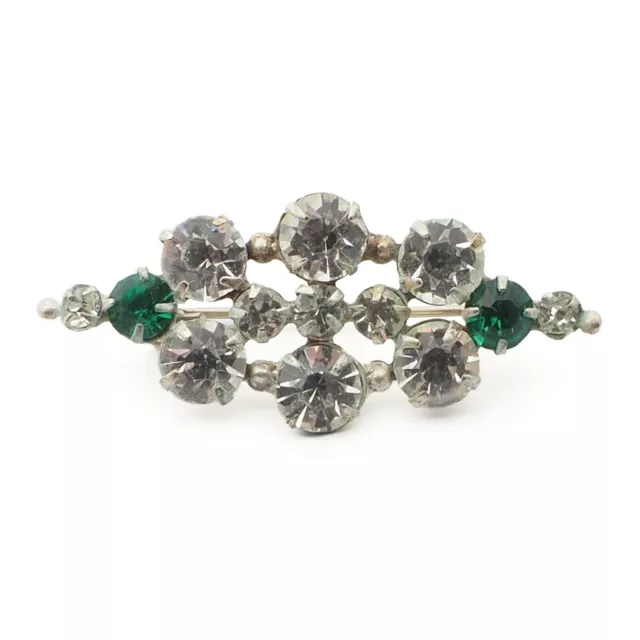 Vintage Czech green clear glass rhinestone filigree pin brooch