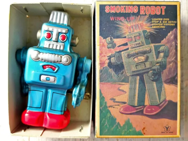 Tin Toy Smoking Robot Wind-Up Spring Action vintage Rare Bleu Yonezawa Japon