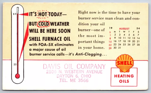 Dayton Ohio~Shell Heating Oils~Thermometer~Calendar~1954 Advertising PC